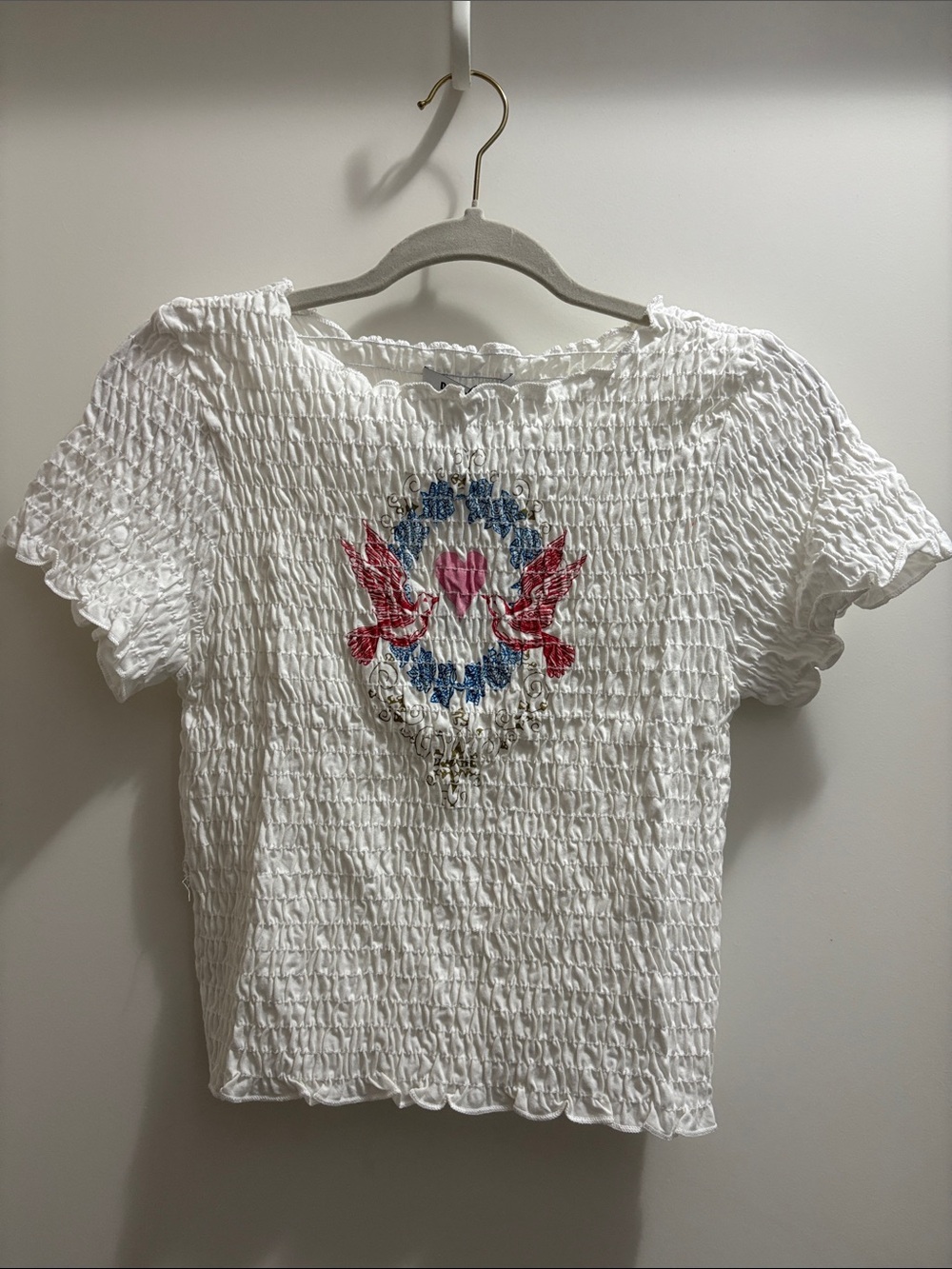 Daydreamer White Smocked Crop Top with Pink & Blue Crest